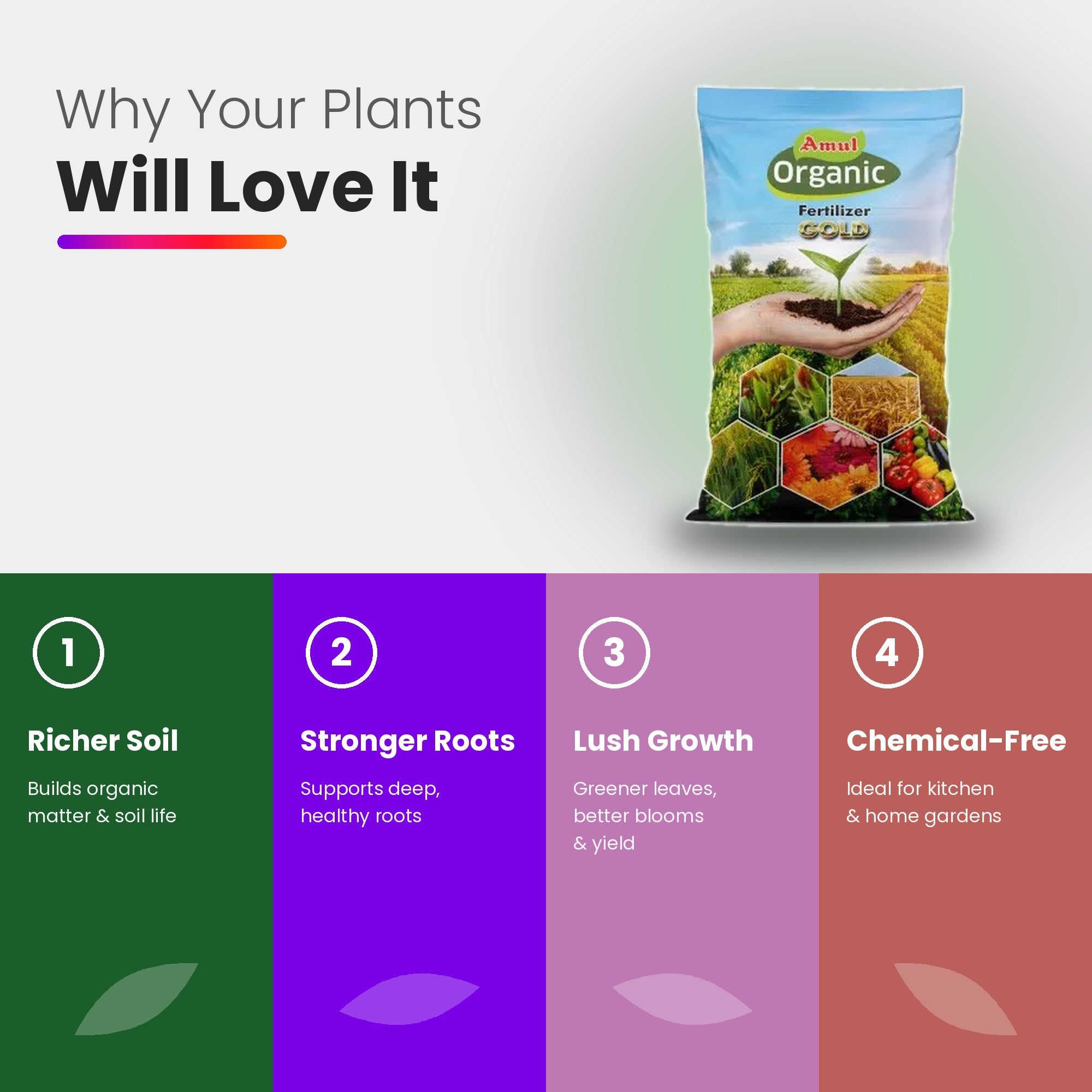 Benefits: richer soil, stronger roots, lush growth, chemical-free