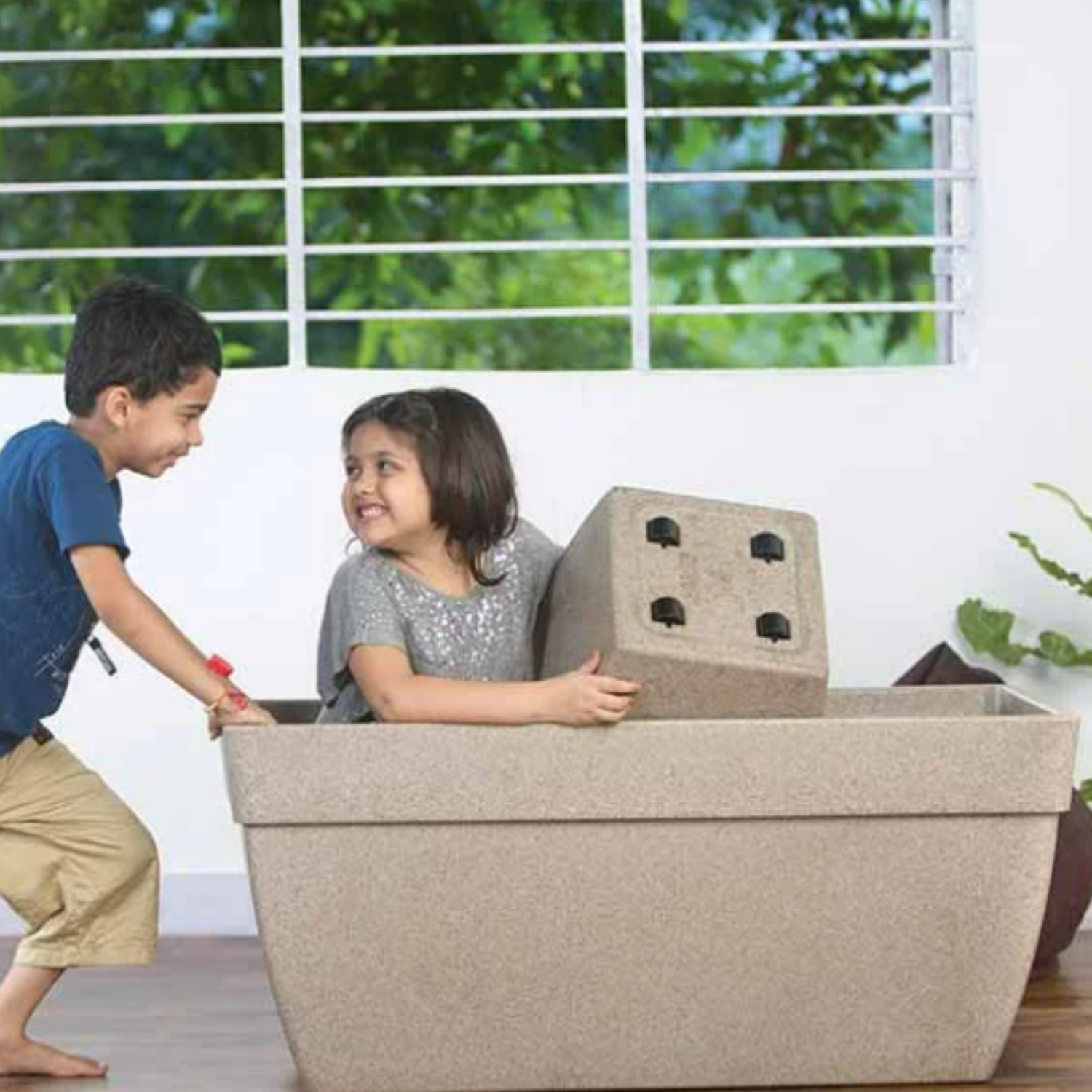 Hug A Plant | Barca Rectangle Rotomolded Plastic Pot with Wheels for Home & Garden (Cream Stone Finish, Pack of 1)