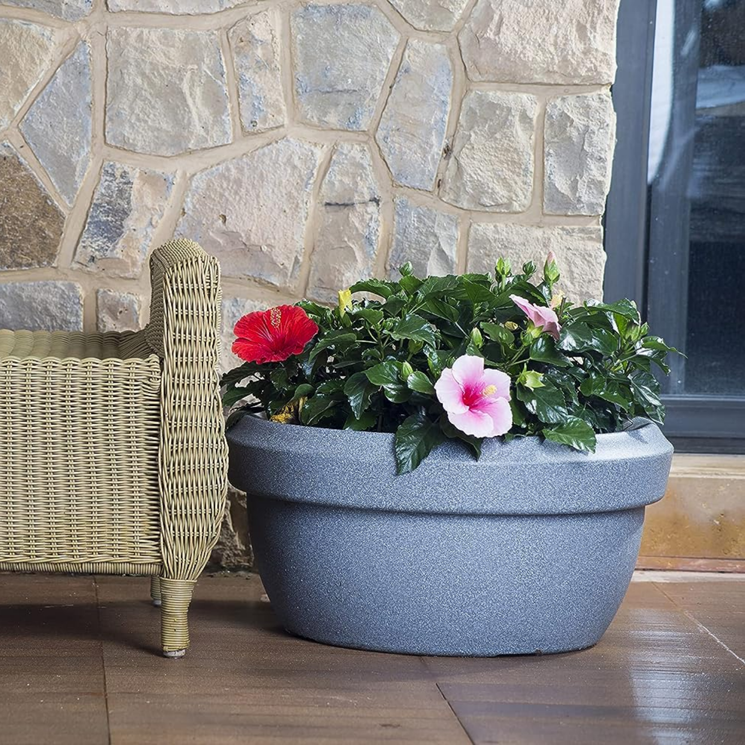 Hug A Plant | Lotus Bowl Rotomolded Round Plastic Pot for Home & Garden (Pack of 1, Cream Stone Finish)