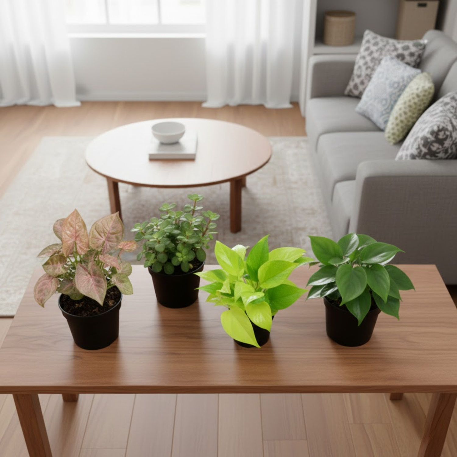 Combo of 4 Live indoor Plants | Set of 4 [Syngonium Pink Neon, Jade Mini, Money Plant Golden, Philodendron Oxycardium Green] | Indoor Air-Purifying Decorative Plants | Ideal for Home & Office Décor