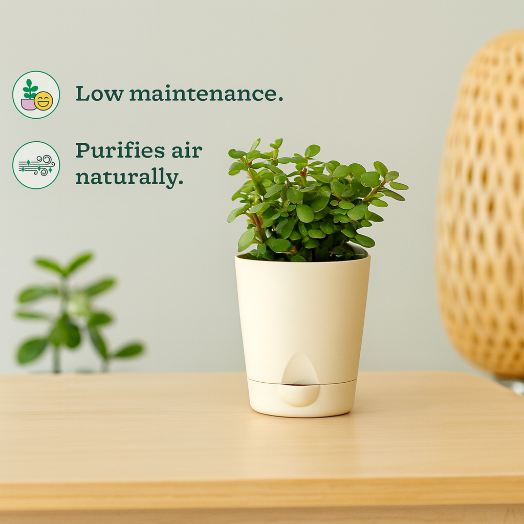 Jade Plant (Crassula Ovata) Good Luck Live Succulent | Low Maintenance Plant for Office Desk & Home Décor | Natural Air Purifier in Stylish Self-Watering Pot (Pot Colour May Vary)