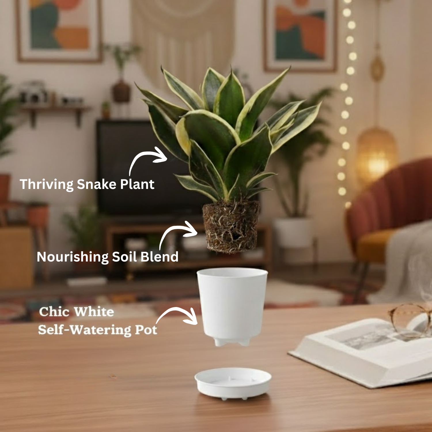 Sansevieria Golden Hahnii (Snake Plant) In 4 Inch Self-watering Pot | Indoor Air-Purifying | Compact & Low-Maintenance | Ideal for Home & Office Décor (Pot Colour May Vary On Availability)