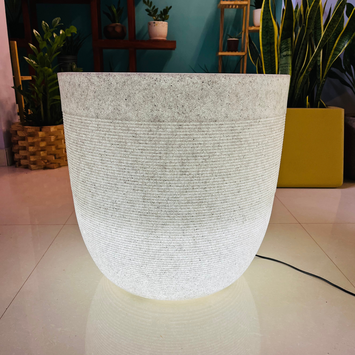 Milano 50cm Led Round Plastic Pot with Wheels for Home & Garden (50CM | 19.6 INCH, White Stone Finish)