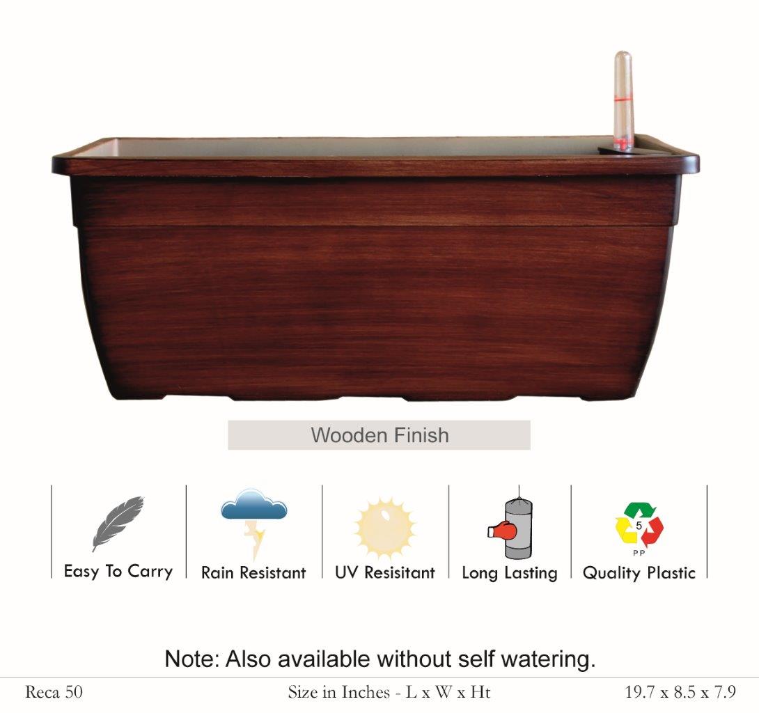 Reca 50cm Rectangle Plastic Pot With Self-Watering Kit (Wooden Finish)