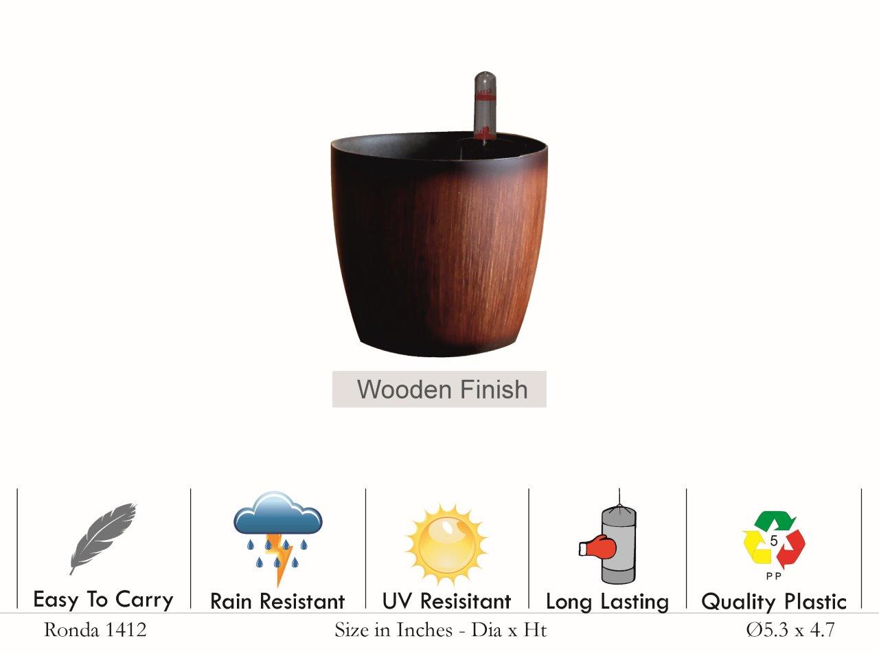 Ronda 1412 Round Plastic Pot With Self Watering Kit (Wooden Finish)