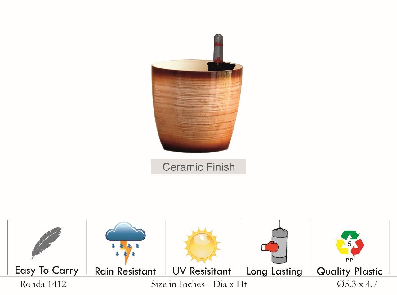 Ronda 1412 Round Plastic Pot With Self Watering Kit (Ceramic Finish)