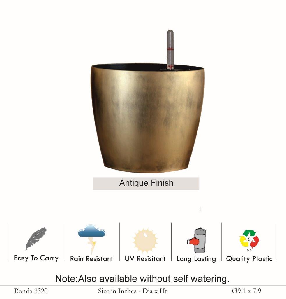 Ronda 2320 Round Plastic Pot With Self-Watering Kit (Antique Finish)