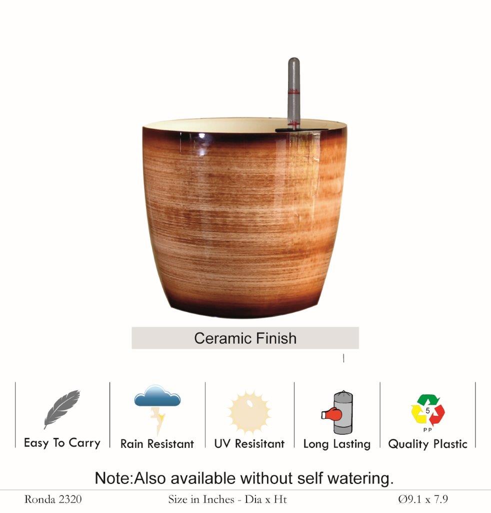 Ronda 2320 Round Plastic Pot With Self-Watering Kit (Ceramic Finish)