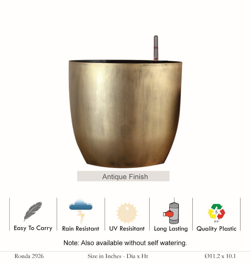 Ronda 2926 Round Plastic Pot With Self Watering Kit (Antique Finish)