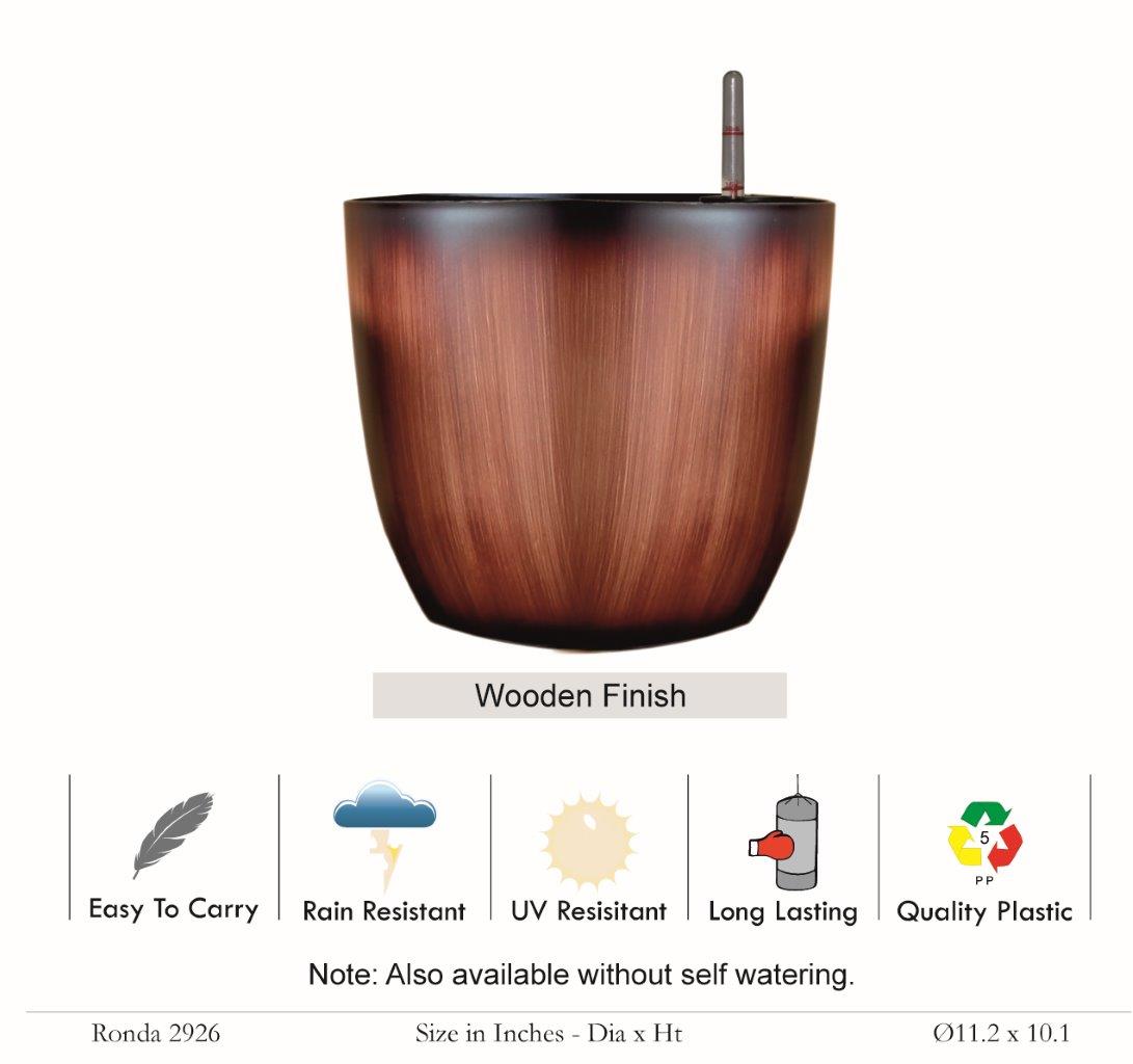 Ronda 2926 Round Plastic Pot With Self Watering Kit (Wooden Finish)